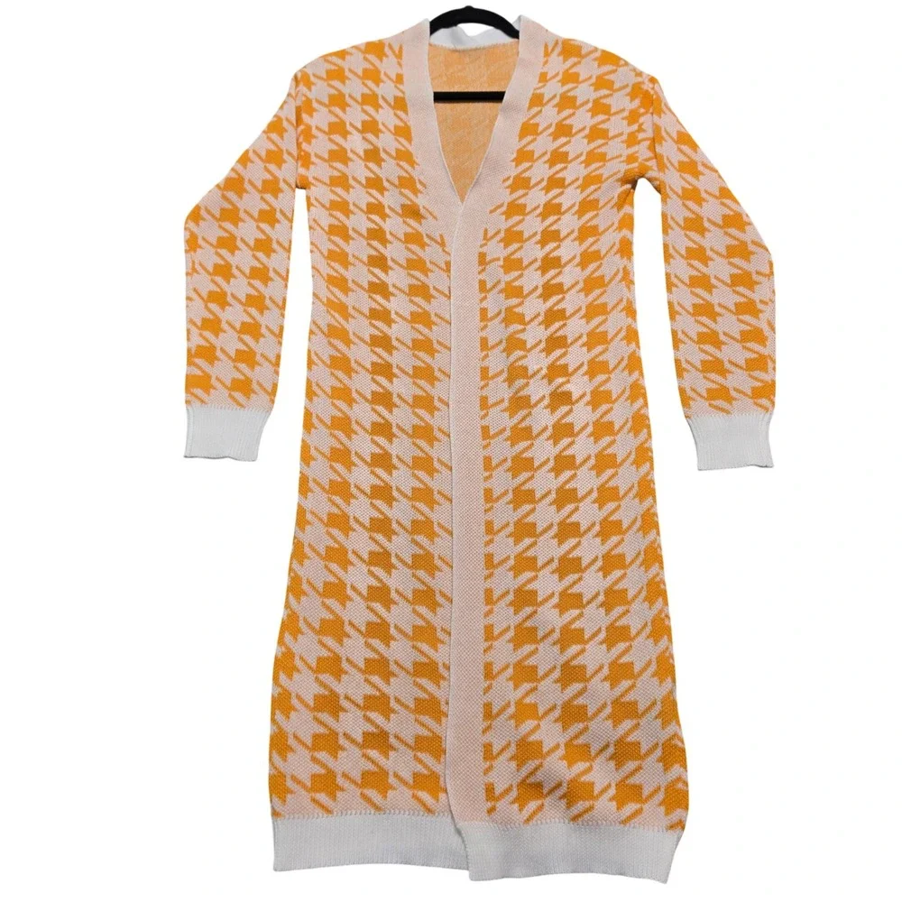 Cardigan Womens Small Orange Houndstooth Longline Open Front